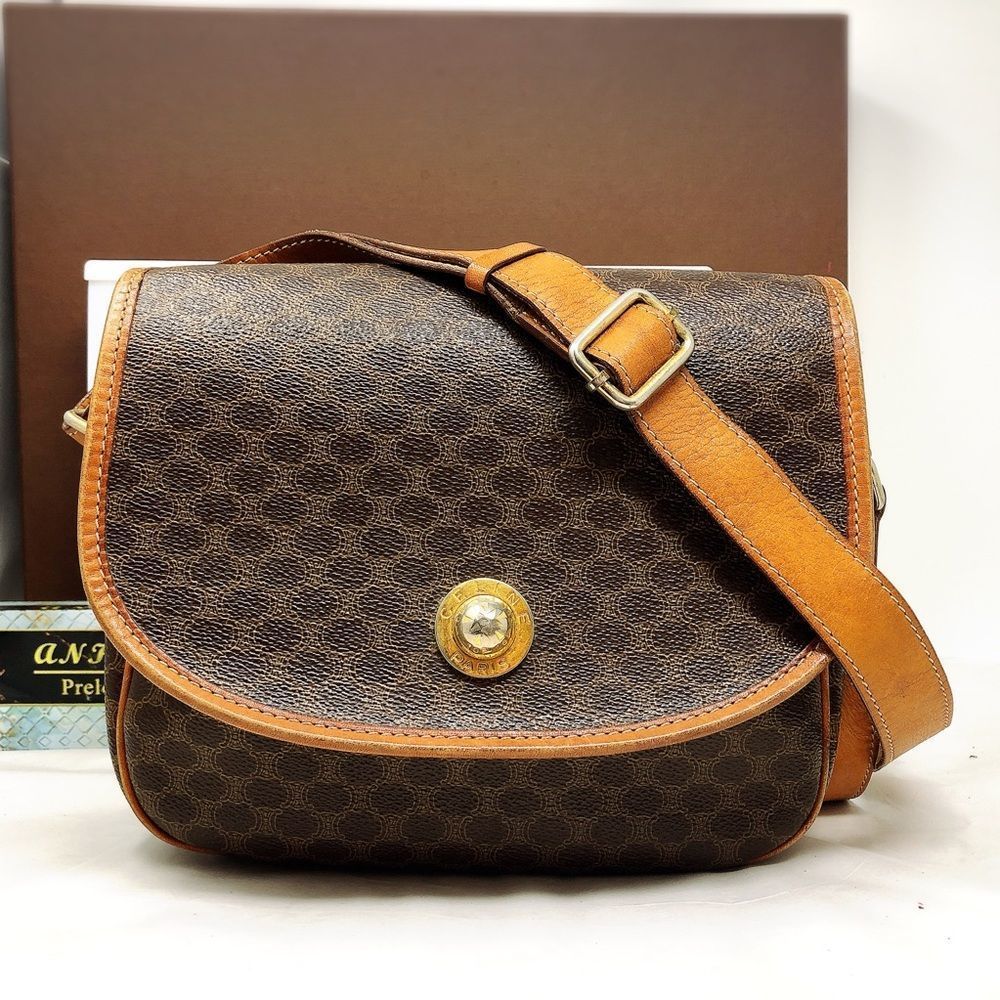 RARE Celine Macadam Star Ball Leather Brown crossbody shoulder bag vintage